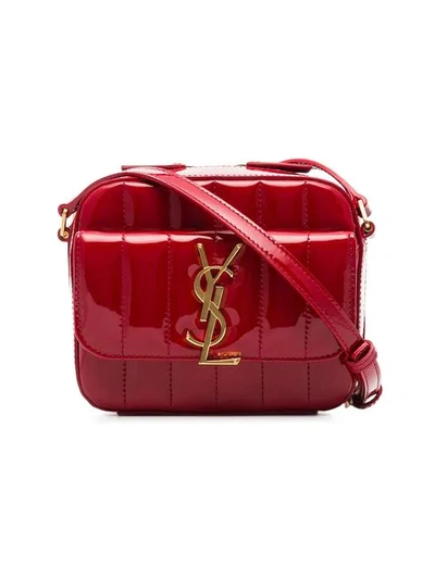 Shop Saint Laurent Pillarbox Red Vicky Quilted Patent Leather Camera Bag