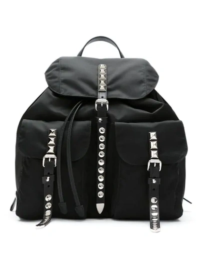 Shop Prada Black Stud Embellished Nylon Backpack