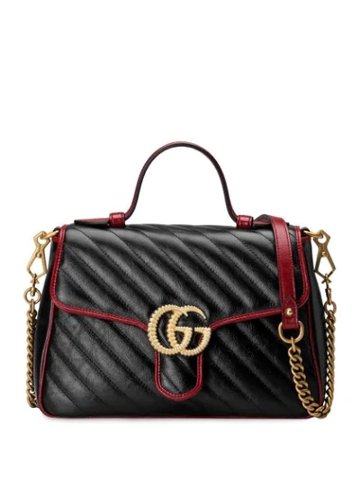 Gucci Black Diagonal Quilted GG Leather Marmont Bamboo Top Handle