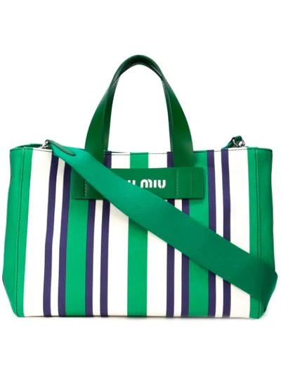 Shop Miu Miu Striped Tote In Green
