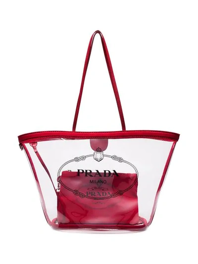 Shop Prada Transparent Logo Tote In Red