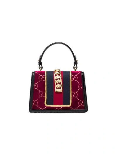 Shop Gucci Multicoloured Sylvie Mini Logo Velvet And Leather Shoulder Bag In Red
