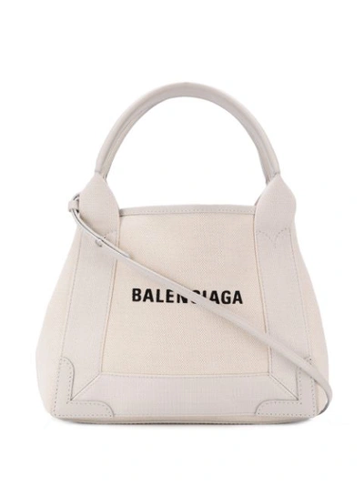 Shop Balenciaga Navy Cabas Xs Tote Bag In Neutrals