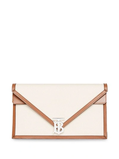 Shop Burberry Small Canvas And Leather Tb Envelope Clutch In Neutrals