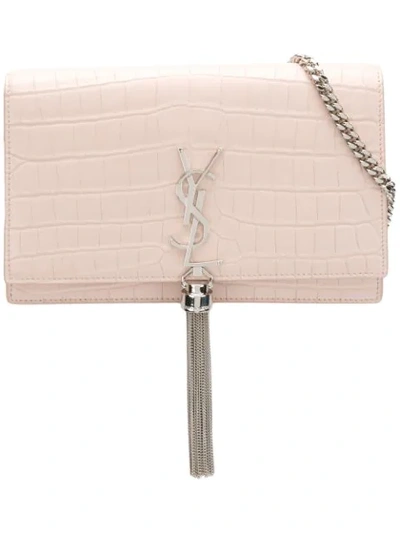Shop Saint Laurent Crocodile Embossed Kate Shoulder Bag - Pink