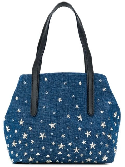 Shop Jimmy Choo Sofia Star Studded Denim Tote In Navy/silver/light Blue