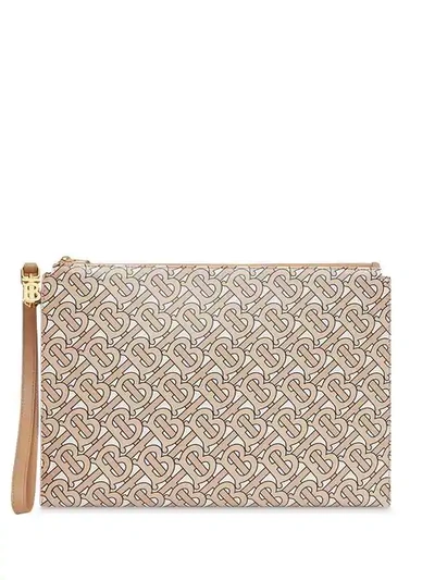 Shop Burberry Monogram Print Leather Pouch In Neutrals