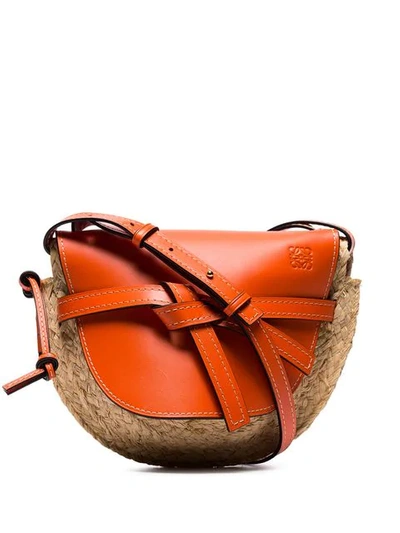 Shop Loewe Gate Small Half-moon Leather Trim Straw Cross Body Bag In Orange