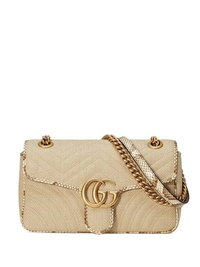 Shop Gucci Marmont Raffia Shoulder Bag In Neutrals