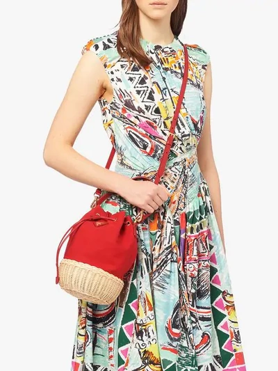 Shop Prada Wicker And Canvas Shoulder Bag In Neutrals