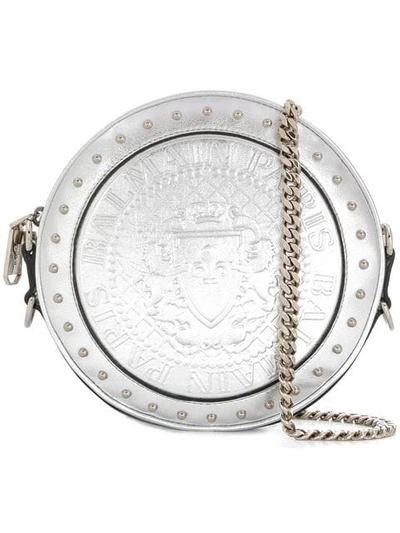 Shop Balmain Logo Embossed Crossbody Bag In Silver