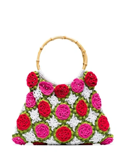 Shop My Beachy Side Rosetta Crochet Tote Bag In White/pink/green