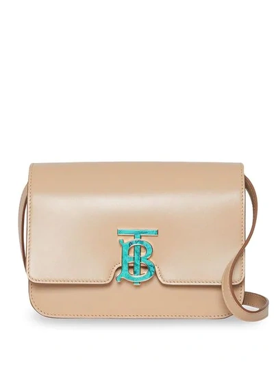 Shop Burberry Small Leather Tb Bag In Neutrals