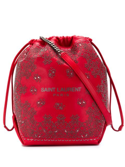 Saint Laurent Teddy Bandana Studded Leather Bucket Bag Red Modesens