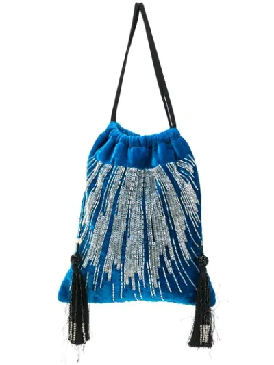 Shop Attico Embellished Velvet Pouch Bag In Blue