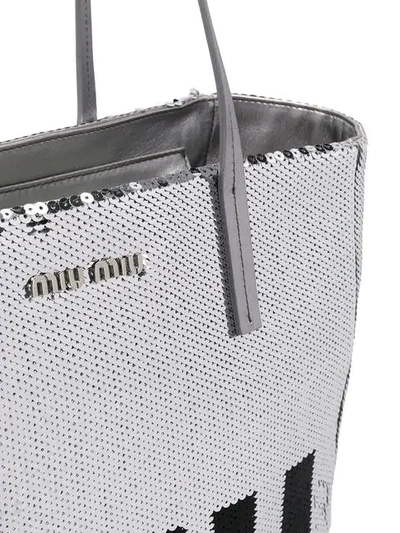 Shop Miu Miu Logo Sequin Tote Bag In Silver