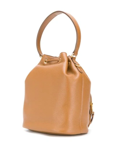 Shop Prada Logo Drawstring Bucket Bag In Brown