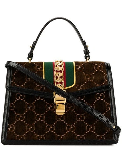 Shop Gucci Sylvie Gg Velvet Tote Bag In Brown