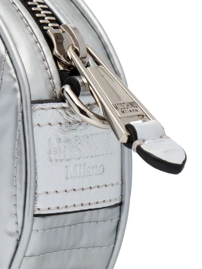 Shop Moschino Silver Metallic Teddy Embossed Leather Belt Bag