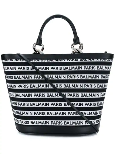 Shop Balmain Striped Logo Tote In Black