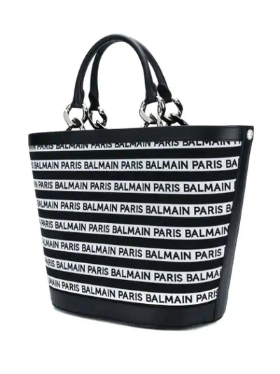 Shop Balmain Striped Logo Tote In Black