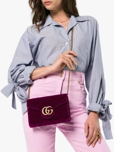 Shop Gucci Fuchsia Gg Marmont Velvet Wallet On A Chain In Pink