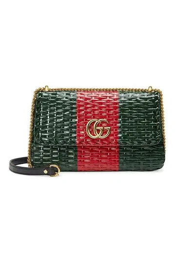 Shop Gucci Green And Red Web Straw Small Shoulder Bag