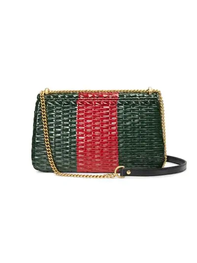 Shop Gucci Green And Red Web Straw Small Shoulder Bag