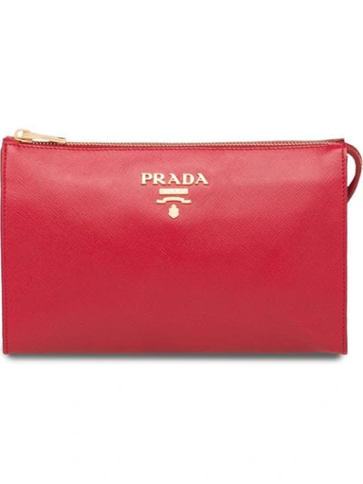 Shop Prada Saffiano Leather Clutch In Red