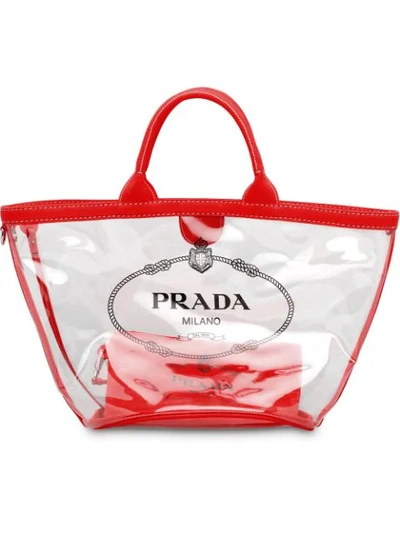 Shop Prada Sheer Logo Tote In Red