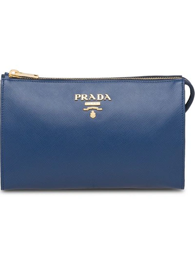 Shop Prada Logo Plaque Clutch In Blue