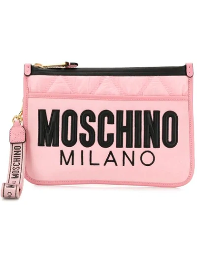 Shop Moschino Quilted Logo Clutch In Pink