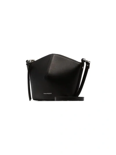 Shop Alexander Mcqueen Black Logo Embossed Mini Leather Bucket Bag
