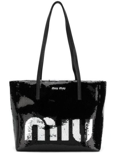 Shop Miu Miu Logo Sequin Tote Bag In Black