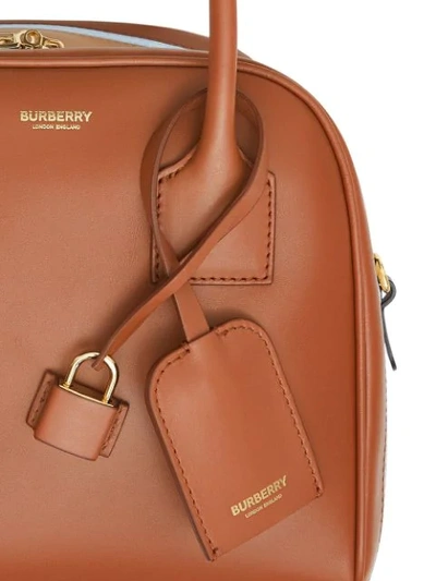 Shop Burberry Small Stripe Intarsia Leather Cube Bag In Brown
