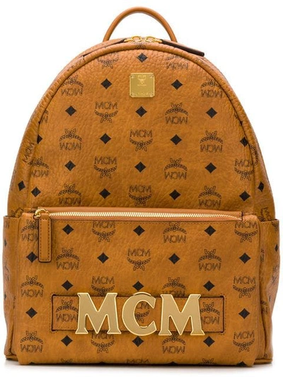 Shop Mcm Printed Logo Backpack In Brown