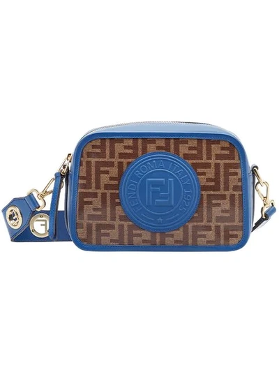 Shop Fendi Navy Blue And Brown Zucca Print Contrast Trim Leather Cross Body Bag