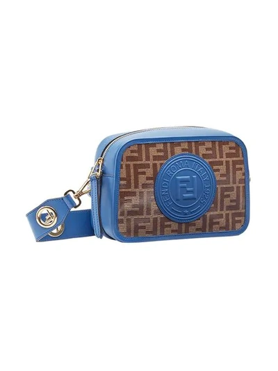 Shop Fendi Navy Blue And Brown Zucca Print Contrast Trim Leather Cross Body Bag