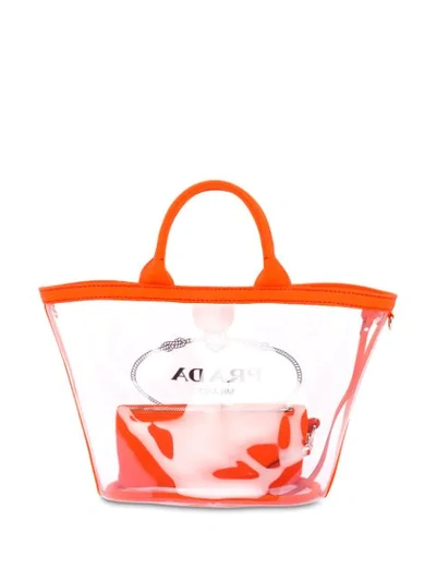 Shop Prada Sheer Logo Tote Bag In Orange