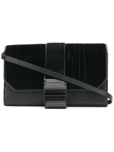 Shop Diesel Velvet Panelled Clutch Bag In Black