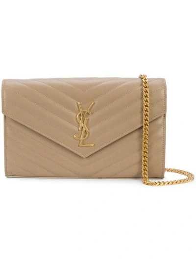 Shop Saint Laurent Monogram Envelope Chain Wallet In 2332 Light Taupe