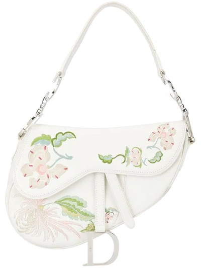 Pre-owned Dior  Embroidered Saddle Bag In White