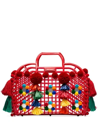 Shop Dolce & Gabbana Red Gomma + Ricamo Pom-pom Embellished Leather Trim Tote Bag