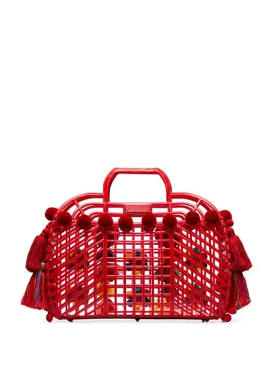 Shop Dolce & Gabbana Red Gomma + Ricamo Pom-pom Embellished Leather Trim Tote Bag