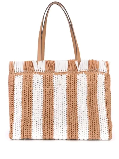 Shop Kate Spade Striped Straw Large Tote In Brown