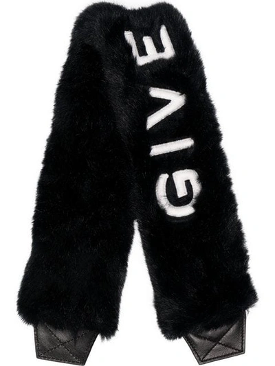 black logo embroidered faux fur bag strap
