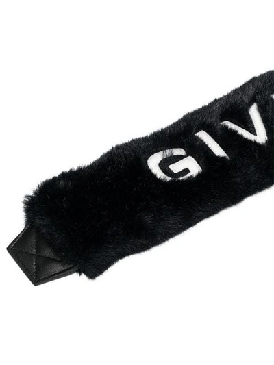 black logo embroidered faux fur bag strap