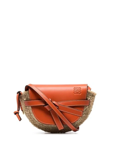Shop Loewe Orange And Beige Gate Leather And Raffia Mini Shoulder Bag