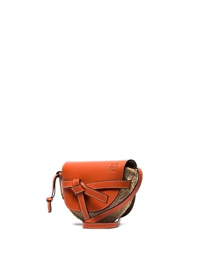 Shop Loewe Orange And Beige Gate Leather And Raffia Mini Shoulder Bag