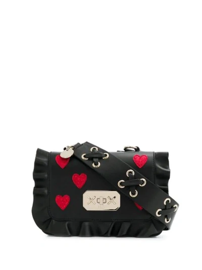 Shop Red Valentino Red(v) Ruffle-trimmed Heart Cross-body Bag In Black